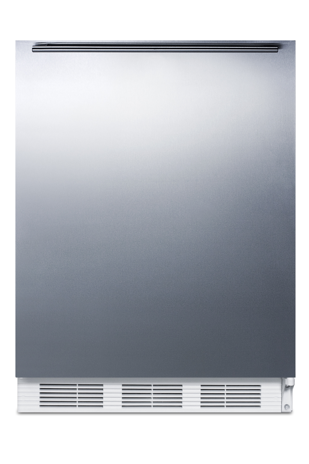 Built-in undercounter refrigerator-freezer for residential use, cycle defrost with a stainless steel wrapped door, horizontal handle, and white cabinet